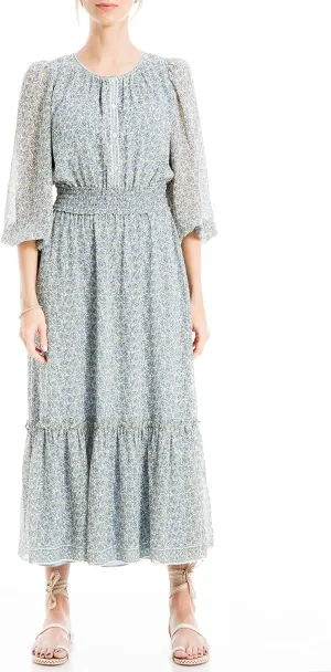 Max Studio Women's Long Sleeve Smocked Waist Button Top Maxi Dress