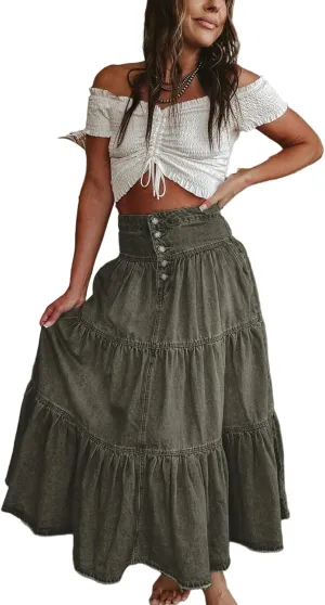 Melliflo Women's High Waist Long Denim Skirt Button Fly Ruffle Swing A-Line Jean Tiered Maxi Skirt Streetwear