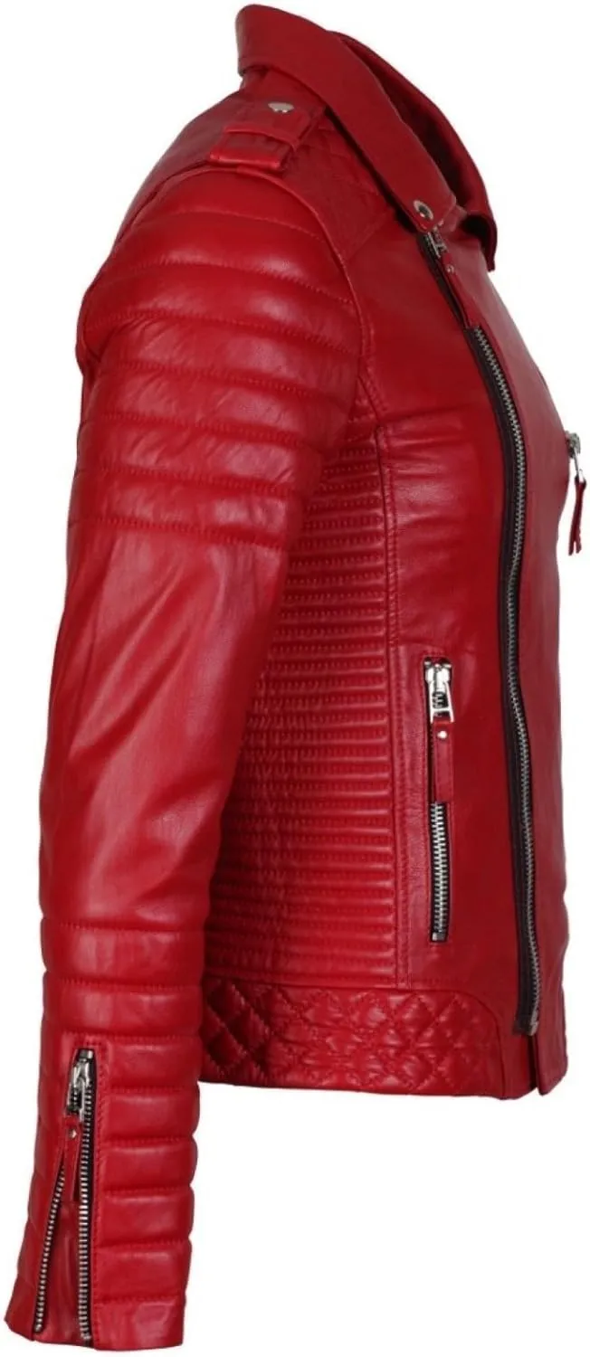 Men Leather Style Genuine Soft Lambskin Bomber Biker Jacket Red