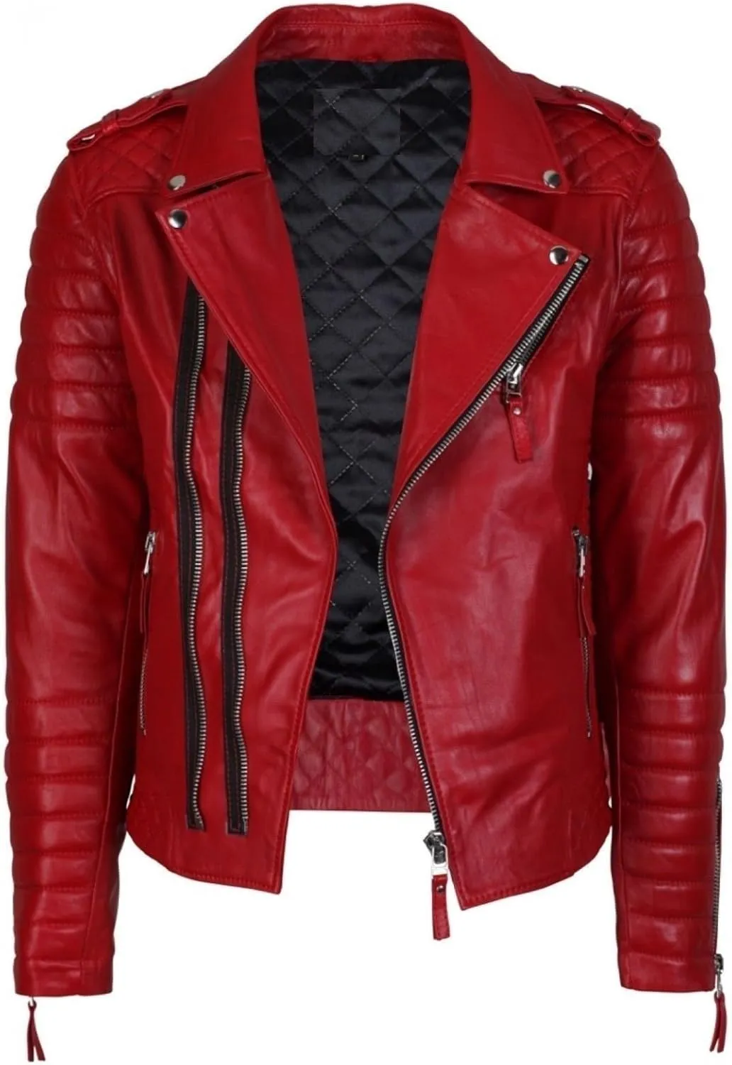 Men Leather Style Genuine Soft Lambskin Bomber Biker Jacket Red