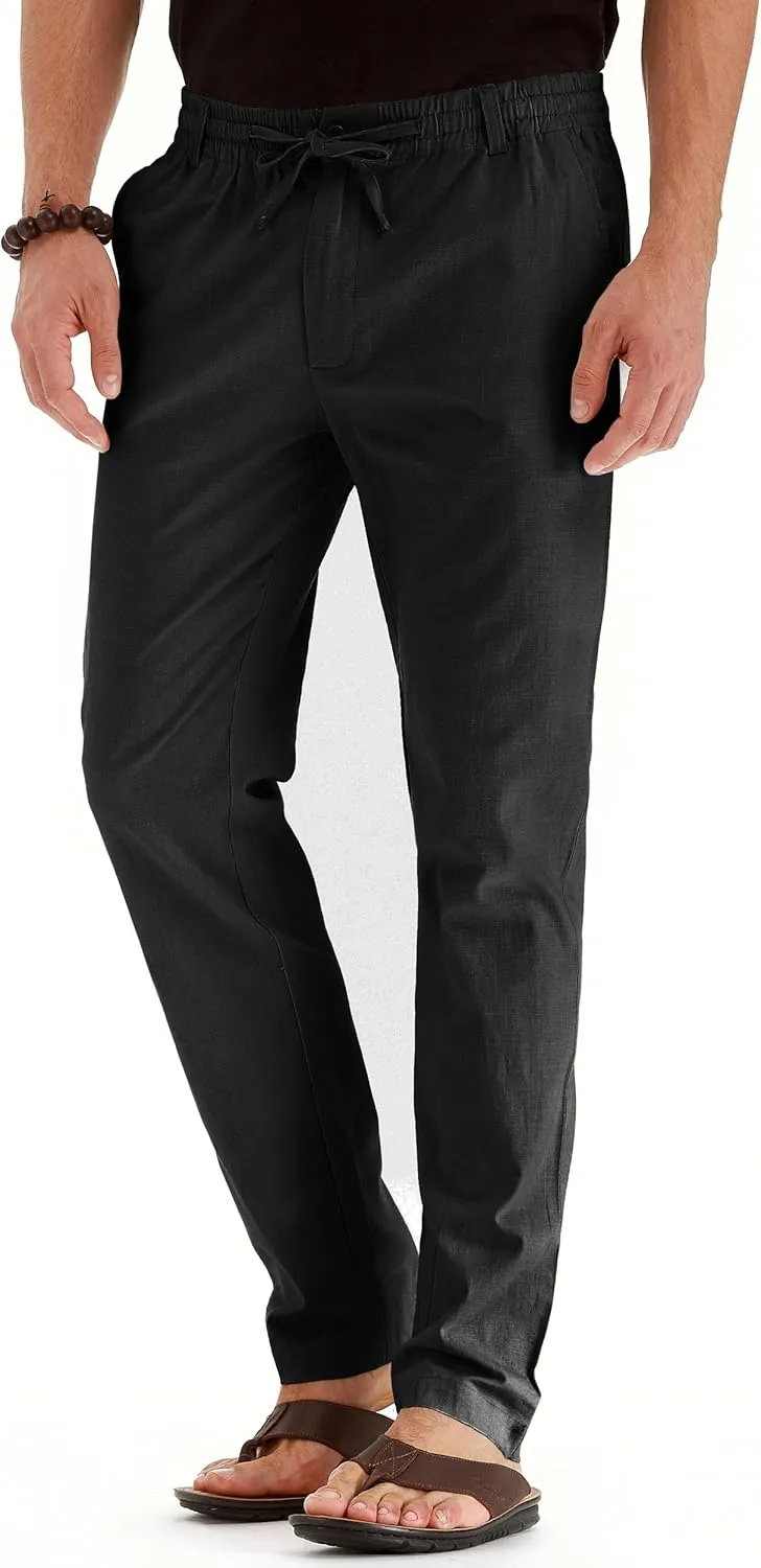 Mens Casual Linen Pants Loose Fit Elastic Drawstring Waist Summer Yoga Beach Trousers