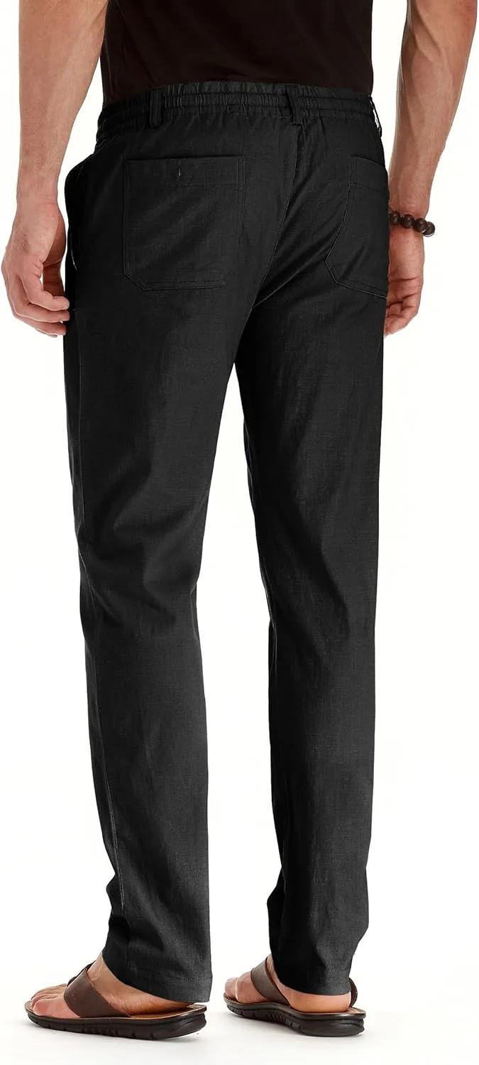 Mens Casual Linen Pants Loose Fit Elastic Drawstring Waist Summer Yoga Beach Trousers