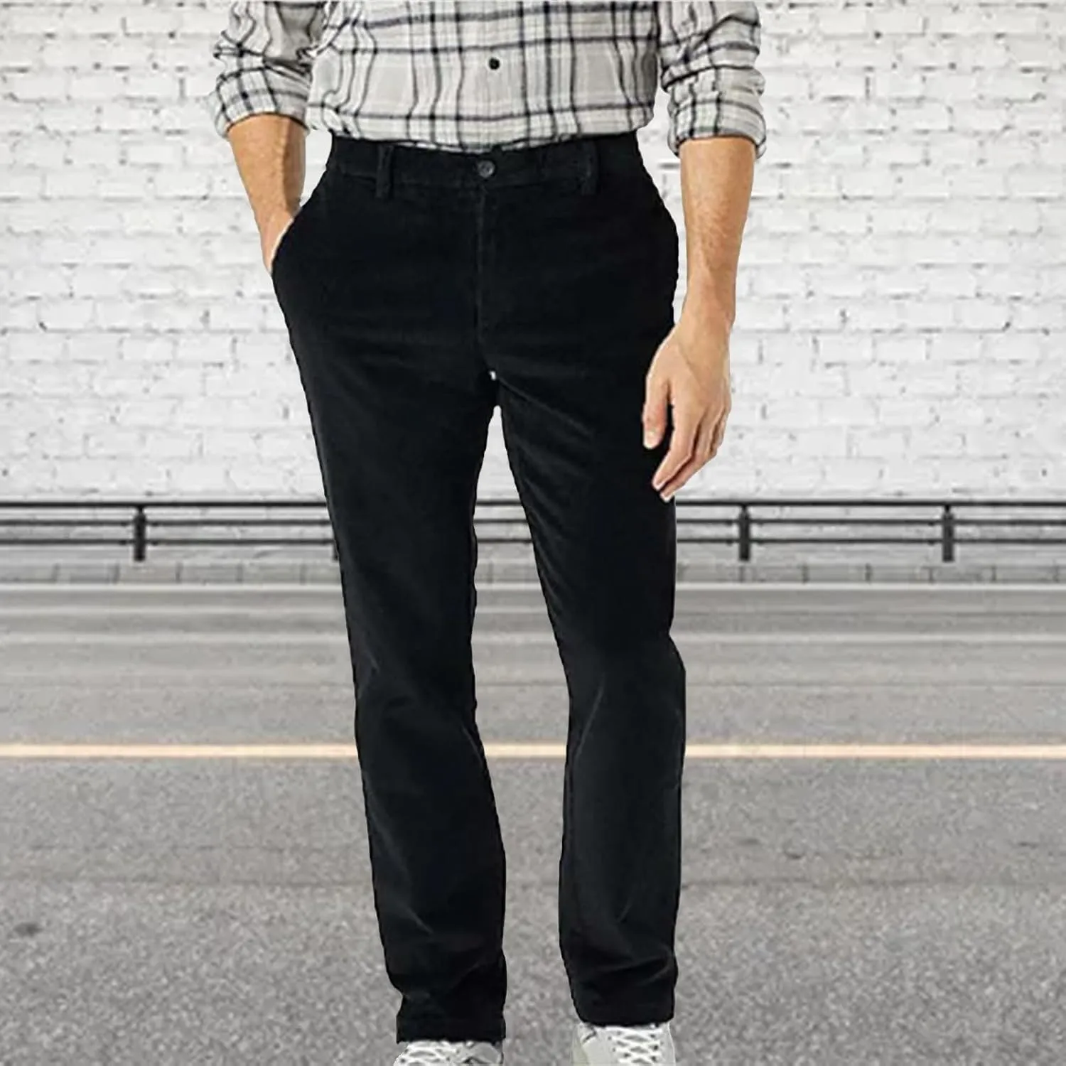 Mens Corduroy Pants Casual Flat Front Straight Leg Trousers Fall Winter Oversized Loose Fit Dress Pants with Pockets