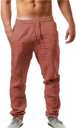 Mens Cotton Linen Pants Lightweight Drawstring Elastic Waist Trouser Wide Leg Joggers Hiking Sweatpants Yoga Pants