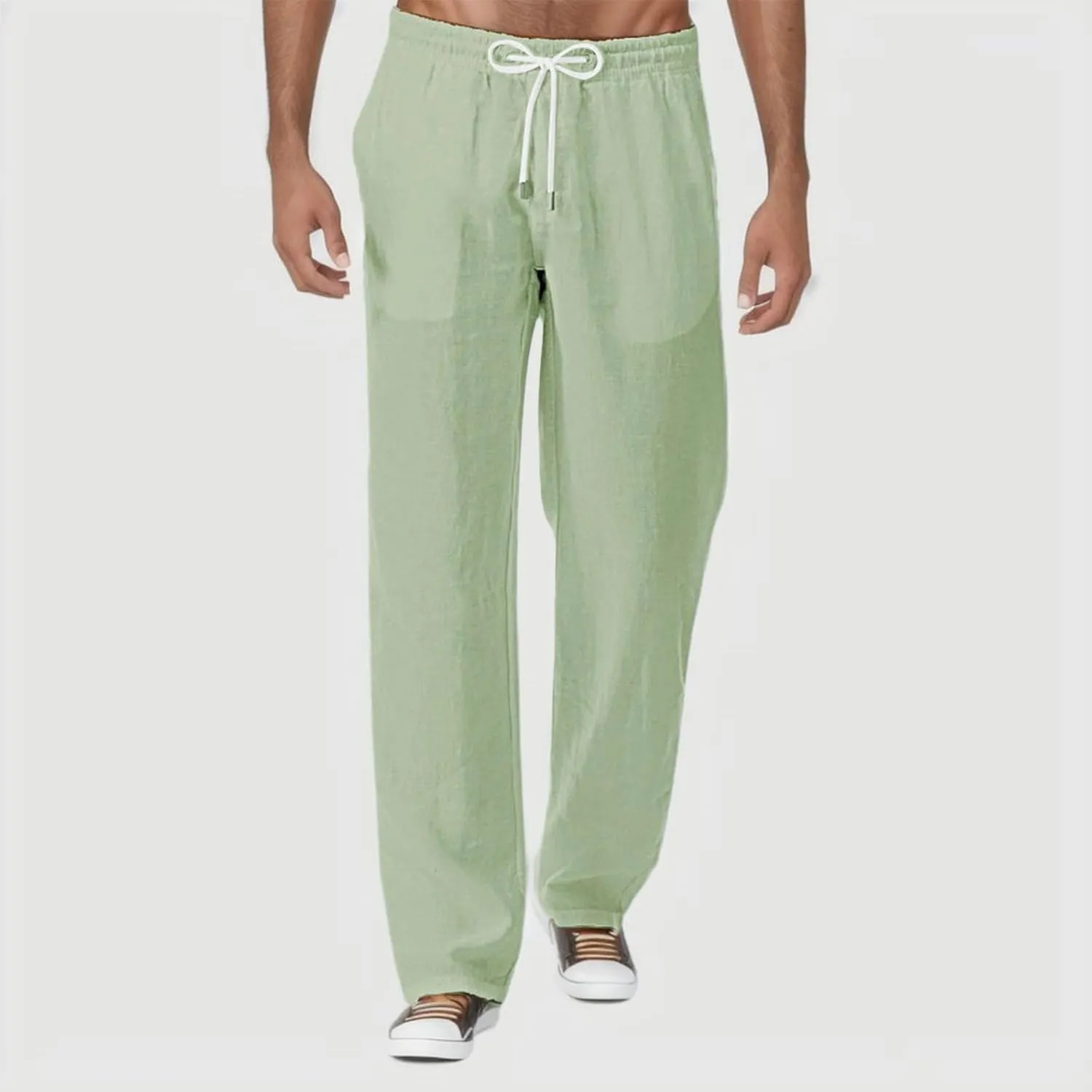 Mens Cotton Linen Pants Lightweight Drawstring Elastic Waist Trousers Loose Fit Hiking Joggers Yoga Beach Pants