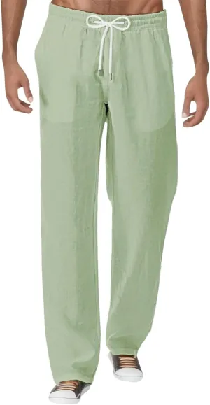 Mens Cotton Linen Pants Lightweight Drawstring Elastic Waist Trousers Loose Fit Hiking Joggers Yoga Beach Pants