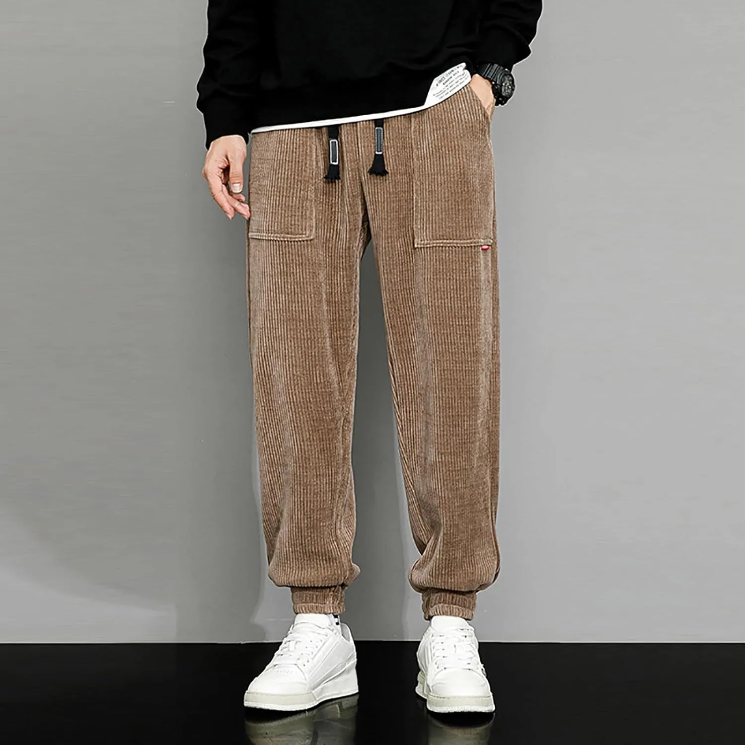 Men's Fall Corduroy Joggers Cargo Pants Drawstring Elastic Waist Baggy Tapered Causal Cuffed Trousers with Pockets