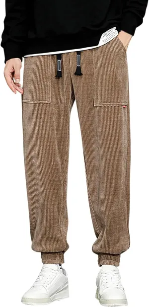 Men's Fall Corduroy Joggers Cargo Pants Drawstring Elastic Waist Baggy Tapered Causal Cuffed Trousers with Pockets