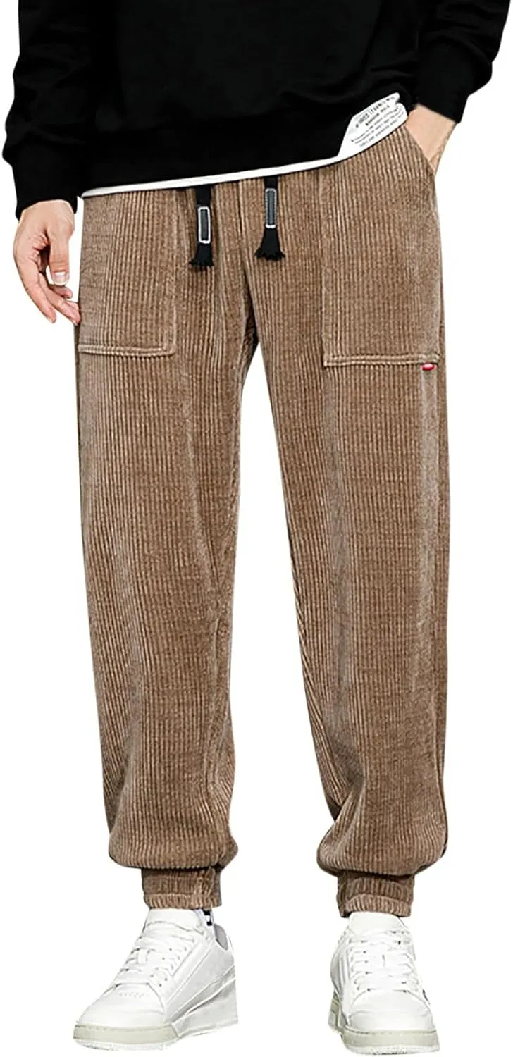Men's Fall Corduroy Joggers Cargo Pants Drawstring Elastic Waist Baggy Tapered Causal Cuffed Trousers with Pockets