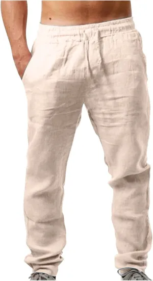 Men's Linen Pants, Casual Lightweight Beach Summer Pants Elastic Waist Workout Slim Fit Trousers, Sweatpants for Mens