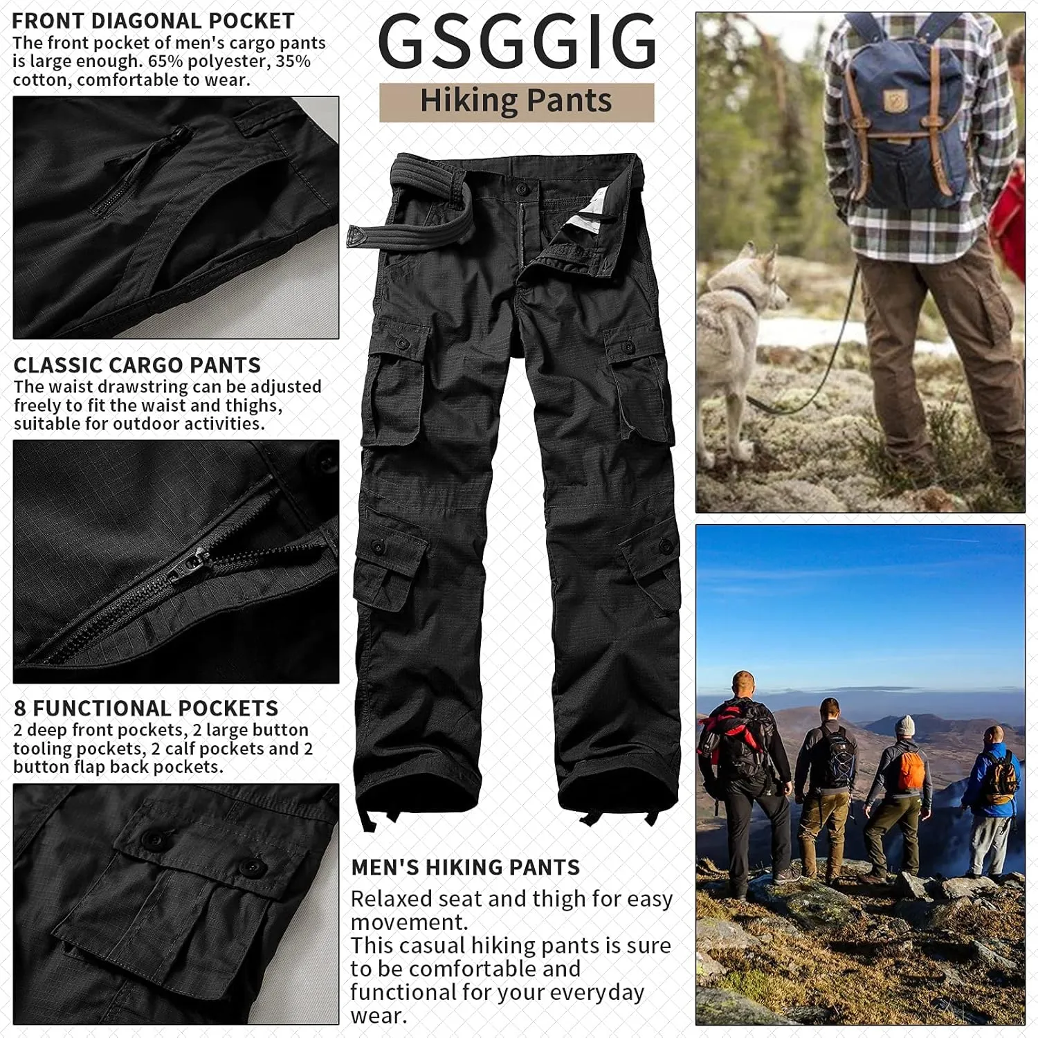 Men's Outdoor Hiking Pants, Tactical Pants Lightweight Casual Work Ripstop Cargo Pants for Men with Pockets