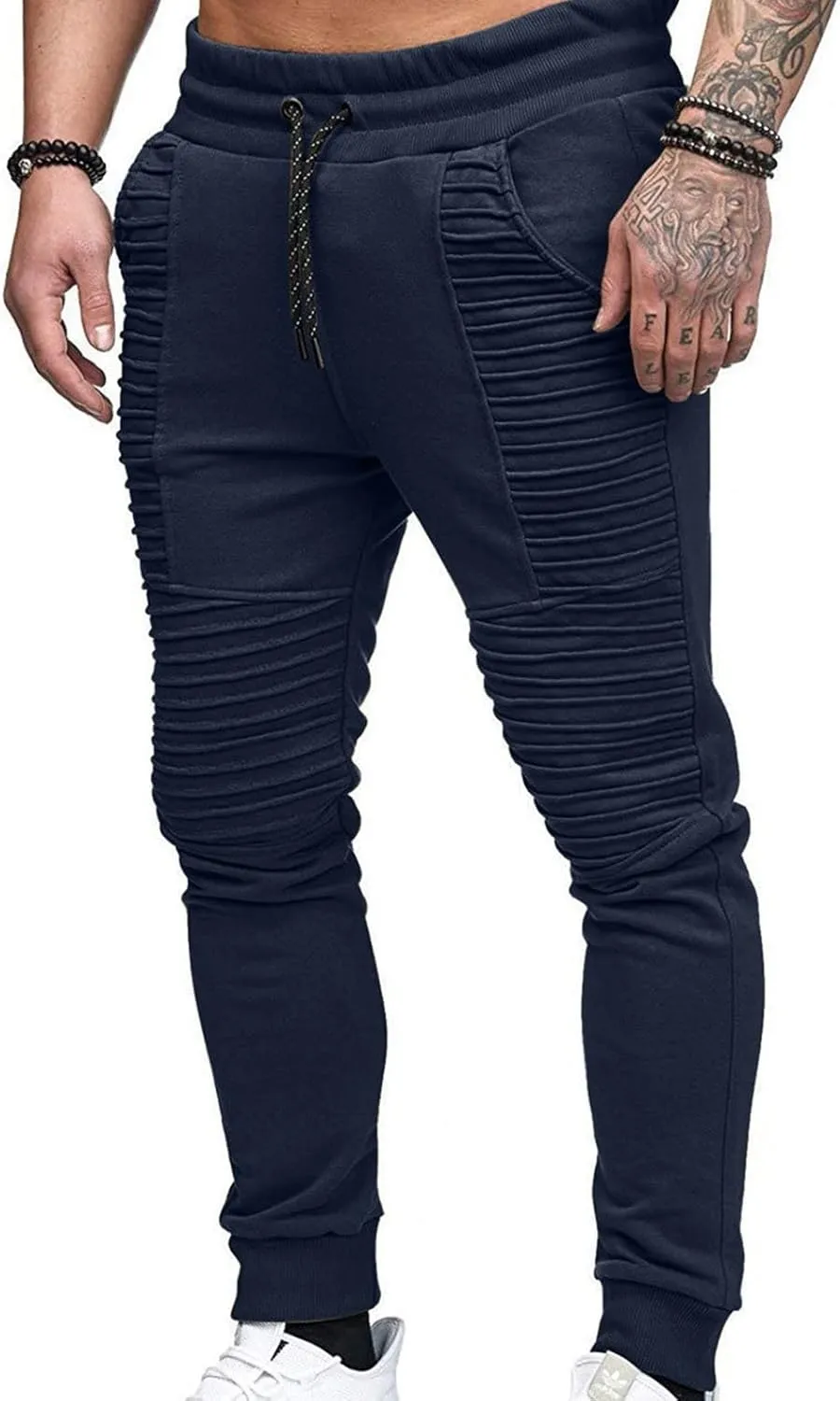 Men's Pleated Sweatpants Mid Waist Drawstring Slim Fit Tapered Trousers Gym Workout Running Sport Pants with Pocket
