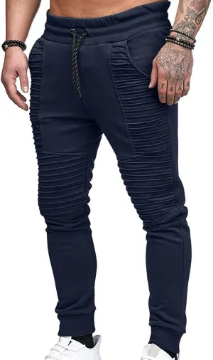 Men's Pleated Sweatpants Mid Waist Drawstring Slim Fit Tapered Trousers Gym Workout Running Sport Pants with Pocket