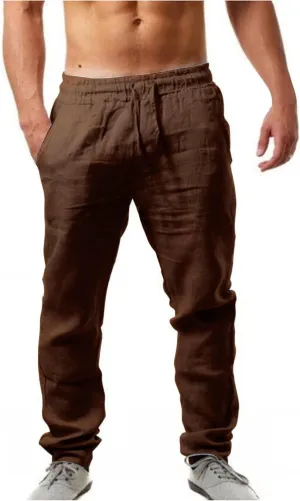 Mens Summer Linen Pants Drawstring Straight Leg Loose Fit Trousers Workout Sport Pants Hiking Outdoor Joggers Chino Pant Skinny