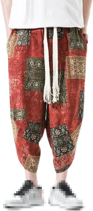 Men's Thin Print Beach Pants Casual Ankle-Lenght Harem Pantalon Turnip Trousers Wide Leg Pants