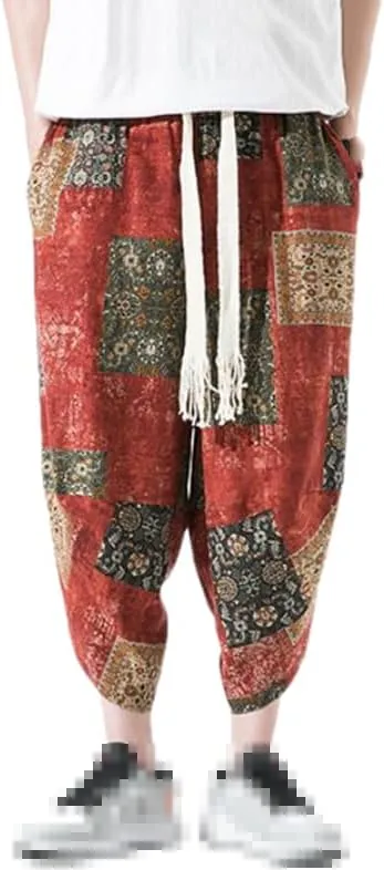Men's Thin Print Beach Pants Casual Ankle-Lenght Harem Pantalon Turnip Trousers Wide Leg Pants