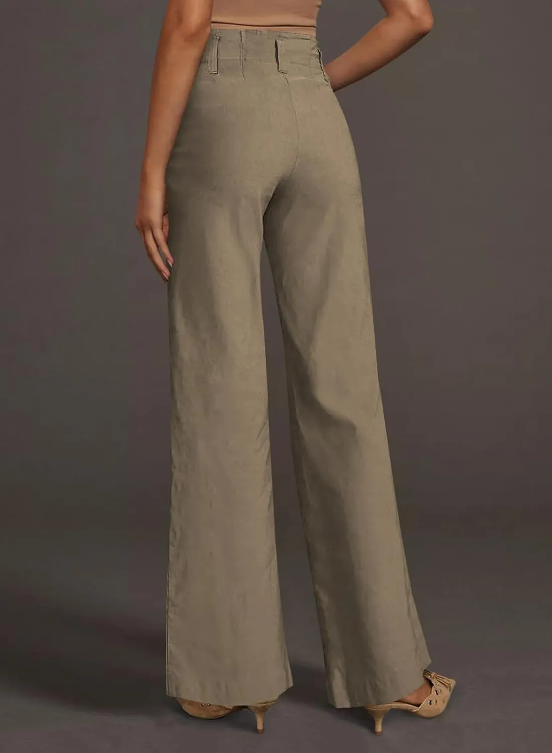 miduo Womens Solid Stretchy Buttons Wide Leg Straight Leg Long Flare Pants Trousers with Pockets