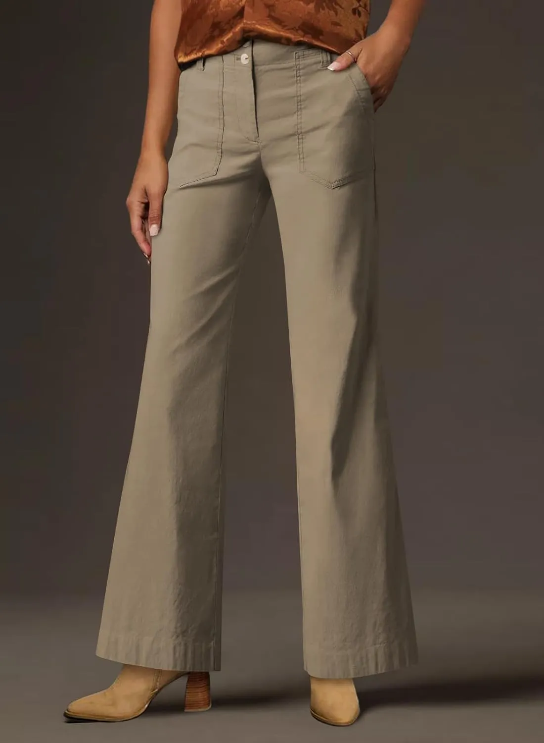 miduo Womens Solid Stretchy Buttons Wide Leg Straight Leg Long Flare Pants Trousers with Pockets