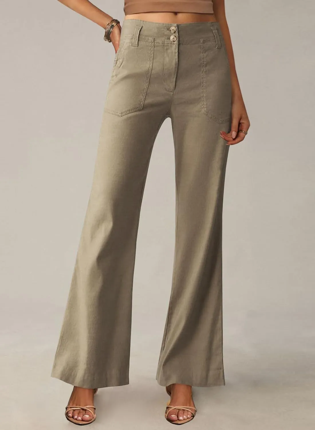miduo Womens Solid Stretchy Buttons Wide Leg Straight Leg Long Flare Pants Trousers with Pockets