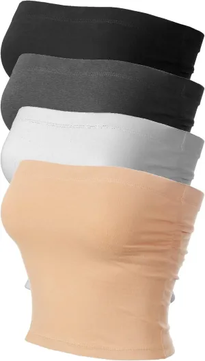 MixMatchy Women's 4 Pack Tube Tops Ruched Side Double Layered Tube Top with Cotton Shelf Bra