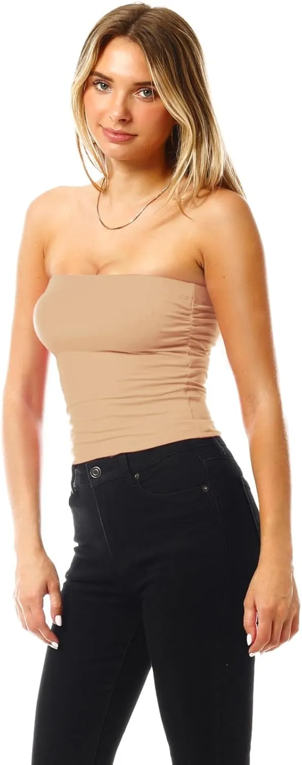 MixMatchy Women's 4 Pack Tube Tops Ruched Side Double Layered Tube Top with Cotton Shelf Bra