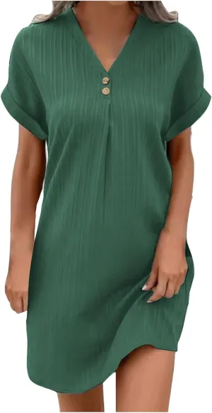 NaRHbrg Women's Casual V Neck Button Dress Short Sleeve Loose Fit Summer Dresses Beach Cover Up Tunic Shirt Dress