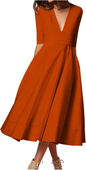 NaRHbrg Women's V-Neck Half Sleeve Midi Dress High Waist A-Line Elegant Flowy Party Dresses for Wedding
