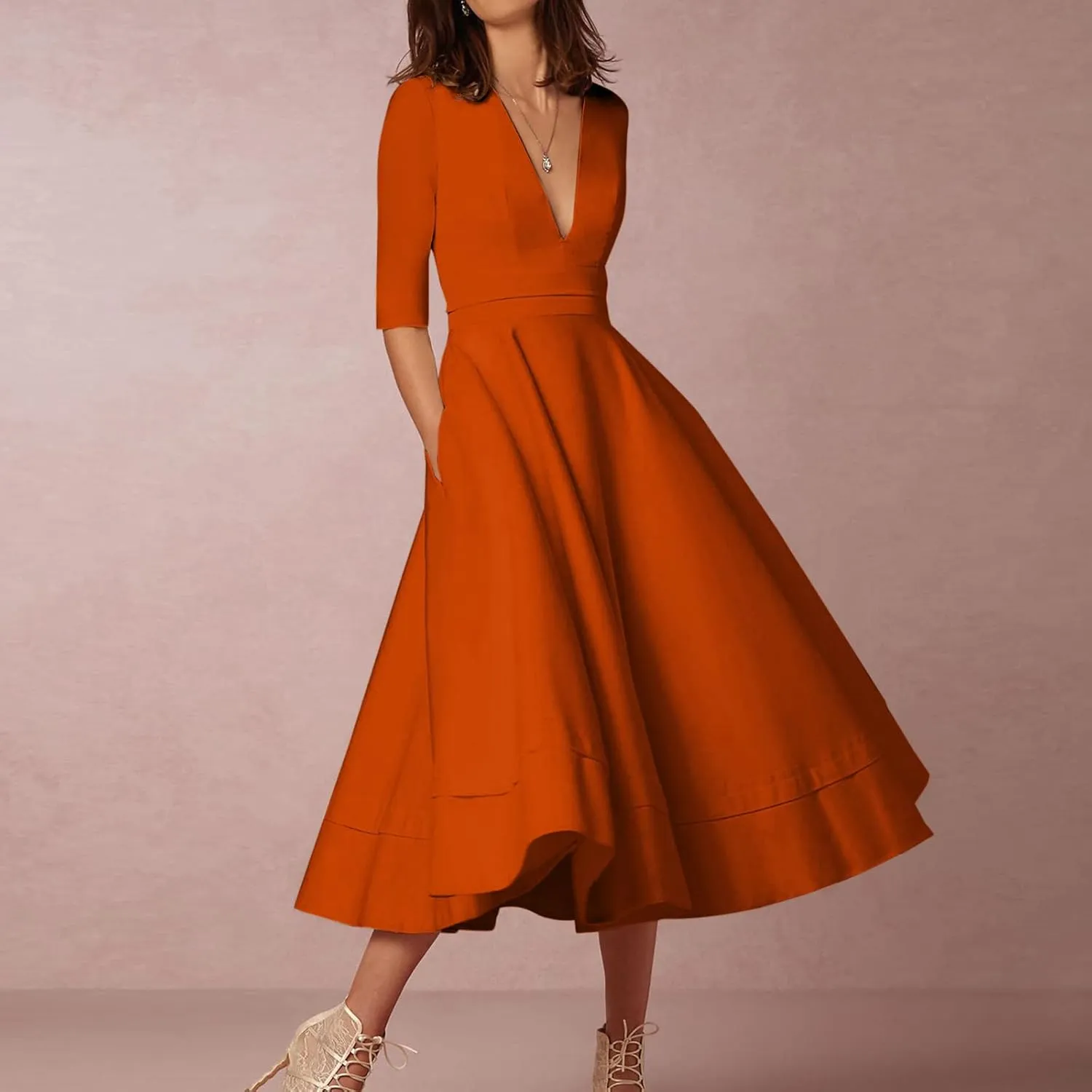 NaRHbrg Women's V-Neck Half Sleeve Midi Dress High Waist A-Line Elegant Flowy Party Dresses for Wedding
