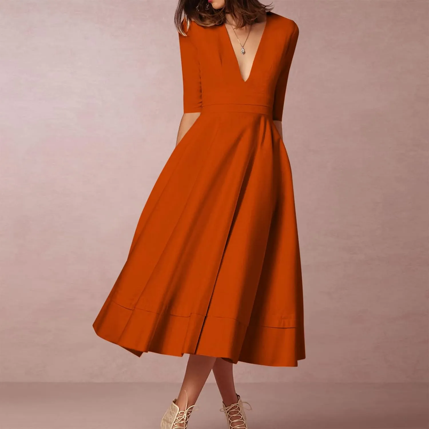 NaRHbrg Women's V-Neck Half Sleeve Midi Dress High Waist A-Line Elegant Flowy Party Dresses for Wedding