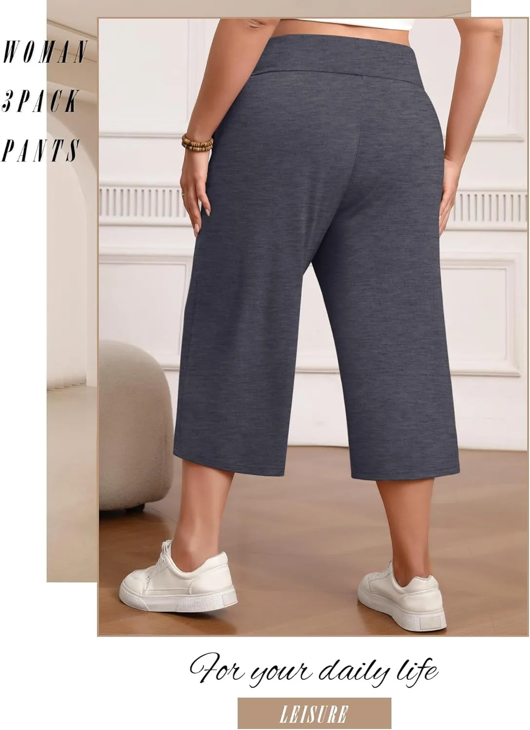 Neer 3 Pack Women's Capris Plus Size Yoga Lounge Pants Wide Leg High Waist Drawstring Cropped Cotton Sweatpants with Pockets