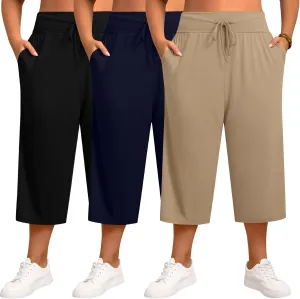 Neer 3 Pack Women's Capris Plus Size Yoga Lounge Pants Wide Leg High Waist Drawstring Cropped Cotton Sweatpants with Pockets