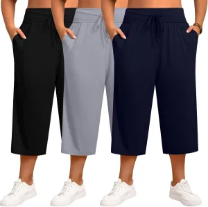 Neer 3 Pack Women's Capris Plus Size Yoga Lounge Pants Wide Leg High Waist Drawstring Cropped Cotton Sweatpants with Pockets