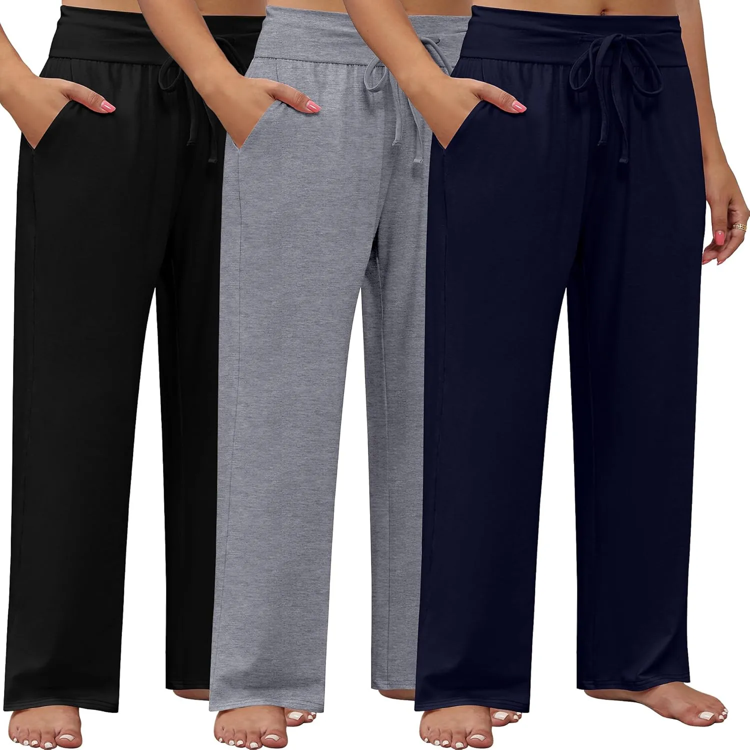 Neer 3 Pack Women's Plus Size Lounge Pants, Wide Leg Yoga Pants Baggy Drawstring Sweatpants with Pockets Casual Loose Jogger