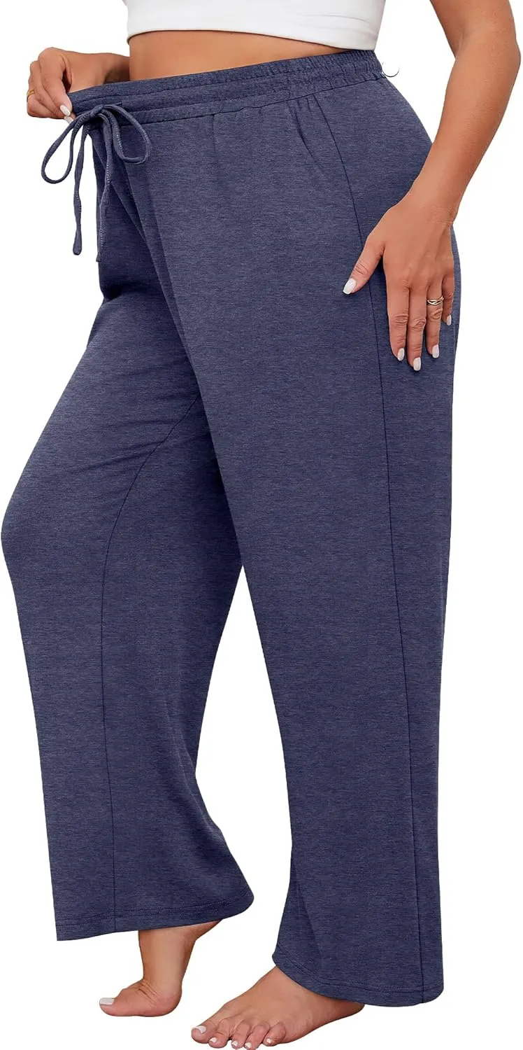 Neer 3 Pack Women's Plus Size Sweatpants Wide Leg High Waist Drawstring Yoga Lounge Joggers Open Bottom Pants with Pockets