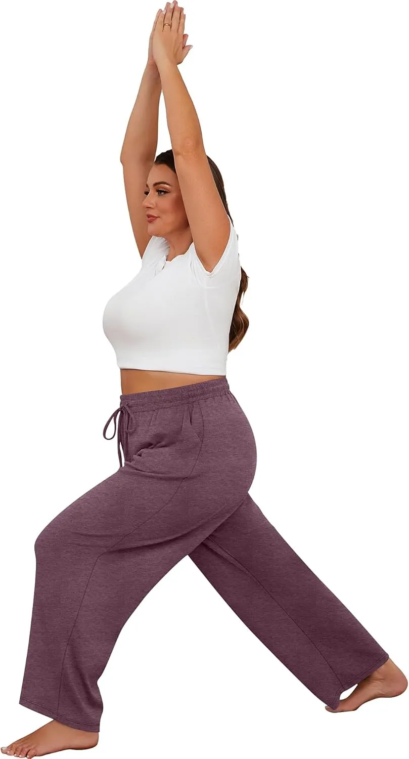 Neer 3 Pack Women's Plus Size Sweatpants Wide Leg High Waist Drawstring Yoga Lounge Joggers Open Bottom Pants with Pockets