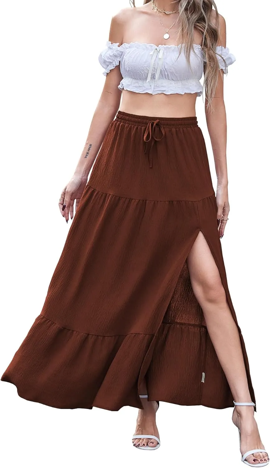 Newchoice Women's Flowy Maxi Skirt with Slit Elastic High Waisted Casual Summer Long Skirts