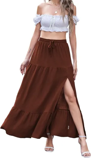 Newchoice Women's Flowy Maxi Skirt with Slit Elastic High Waisted Casual Summer Long Skirts