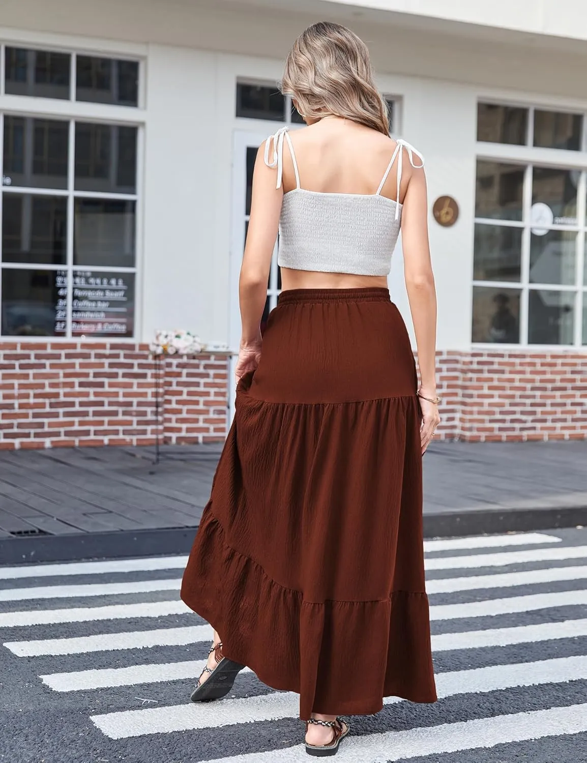 Newchoice Women's Flowy Maxi Skirt with Slit Elastic High Waisted Casual Summer Long Skirts