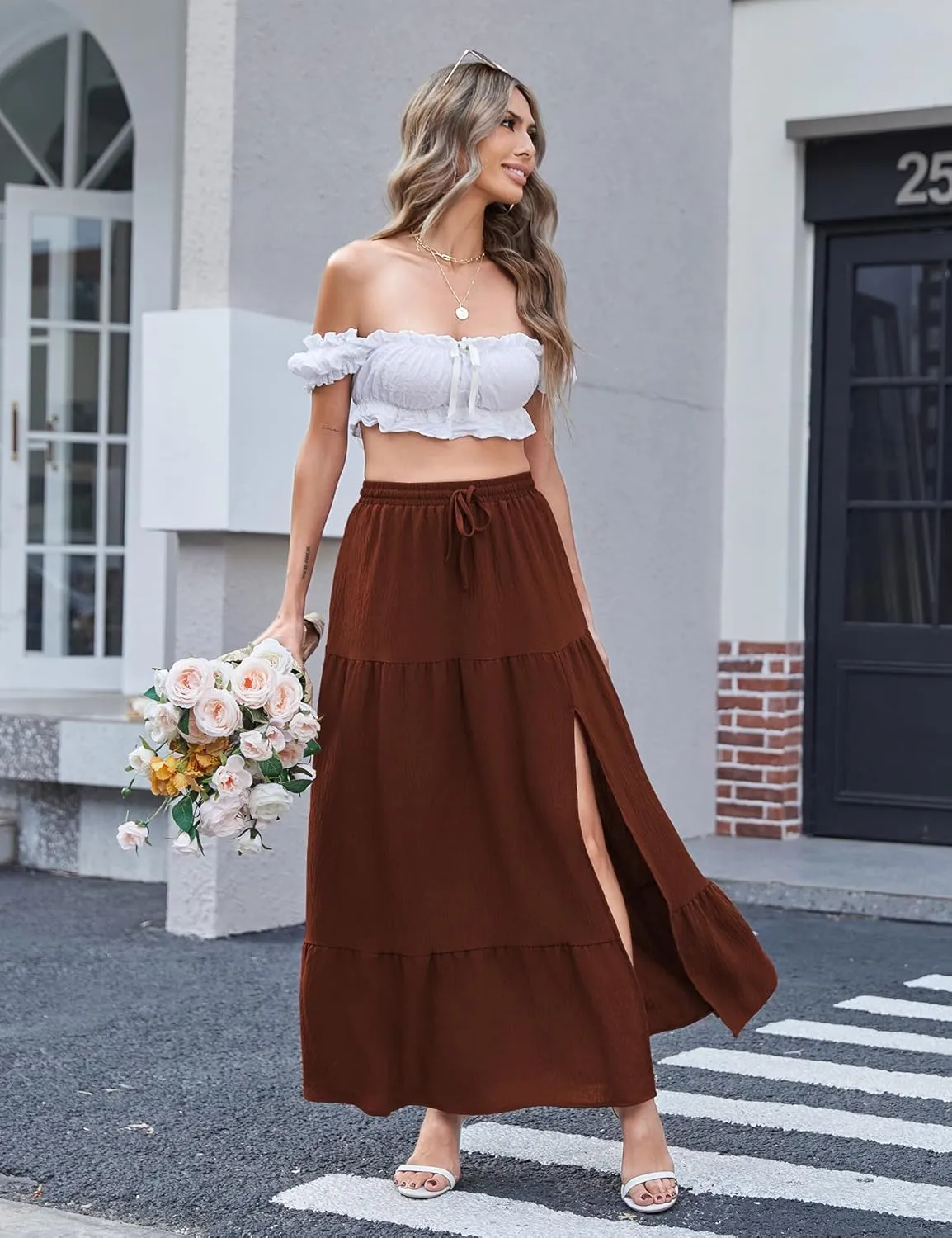 Newchoice Women's Flowy Maxi Skirt with Slit Elastic High Waisted Casual Summer Long Skirts