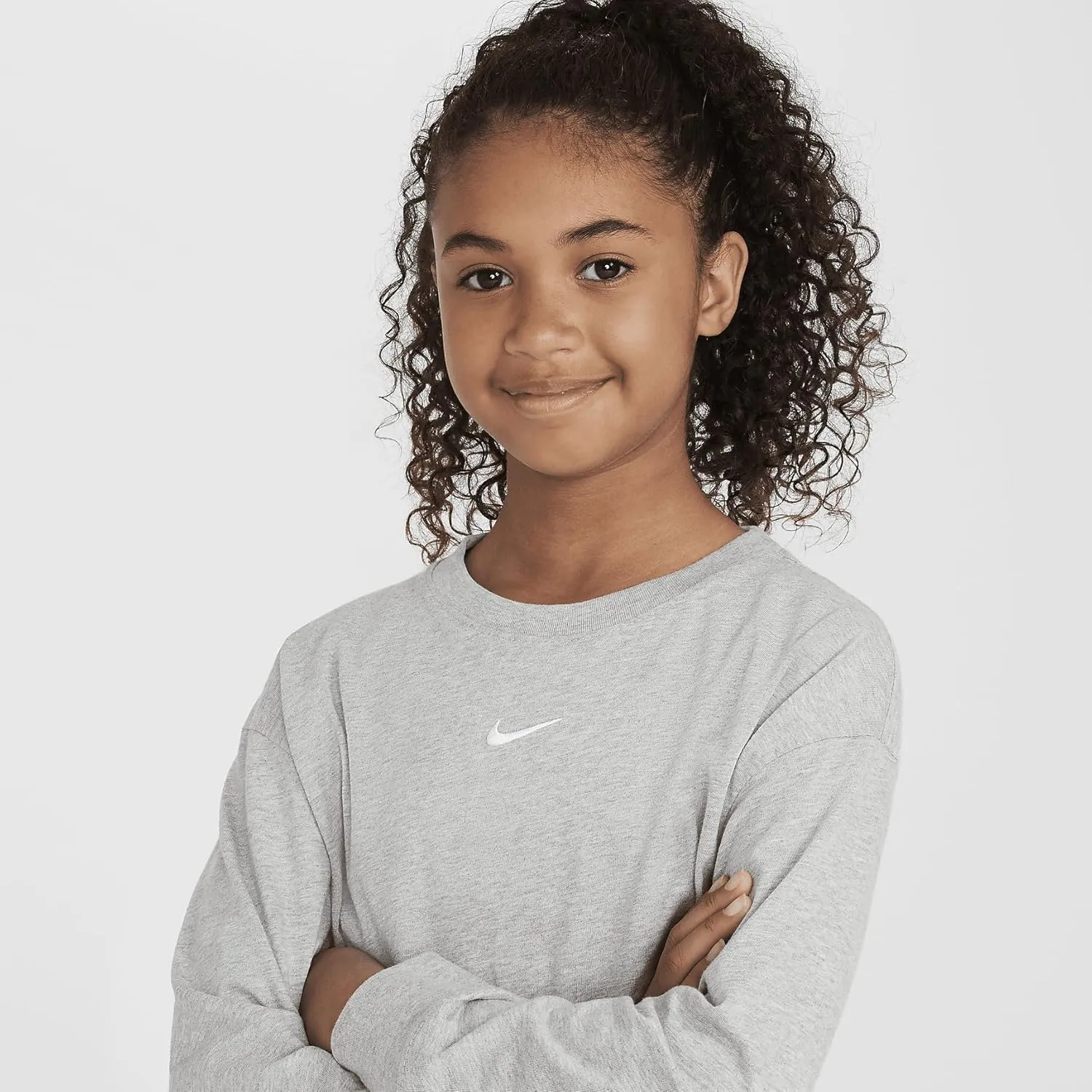 Nike Sportswear Essential Big Kids' (Girls') Long-Sleeve T-Shirt (Dark Grey Heather, FZ5535-063)