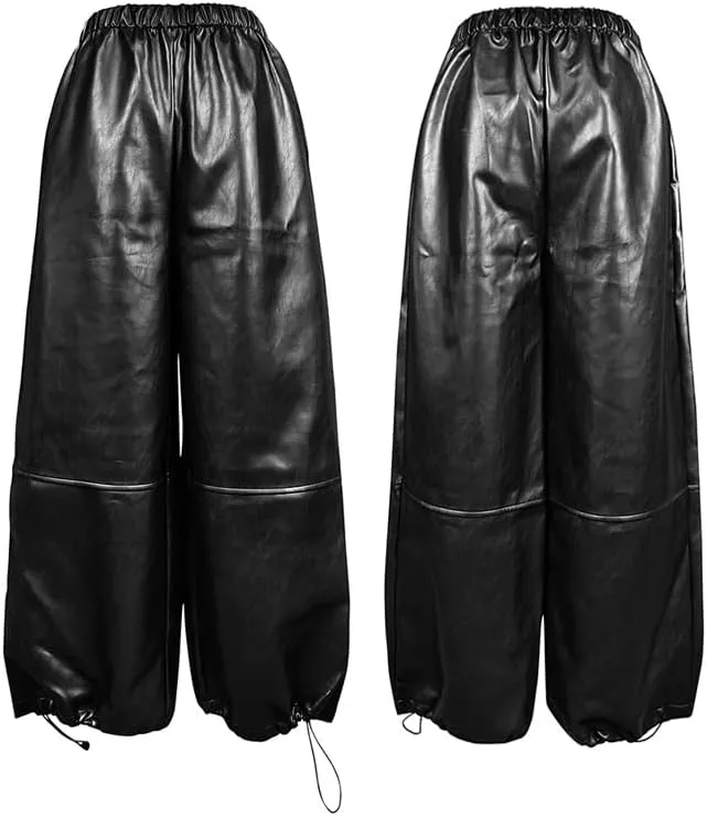 oshoplive Women's Faux Leather Pants High Waisted Wide Leg Trousers with Drawstring Matte Pleather Pants for Women