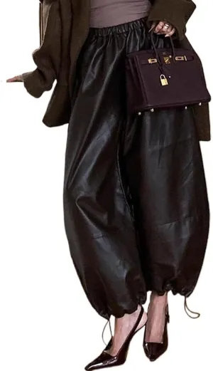 oshoplive Women's Faux Leather Pants High Waisted Wide Leg Trousers with Drawstring Matte Pleather Pants for Women