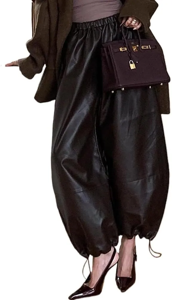 oshoplive Women's Faux Leather Pants High Waisted Wide Leg Trousers with Drawstring Matte Pleather Pants for Women