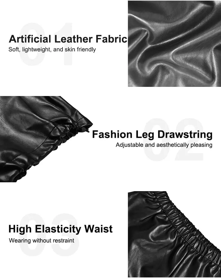 oshoplive Women's Faux Leather Pants High Waisted Wide Leg Trousers with Drawstring Matte Pleather Pants for Women