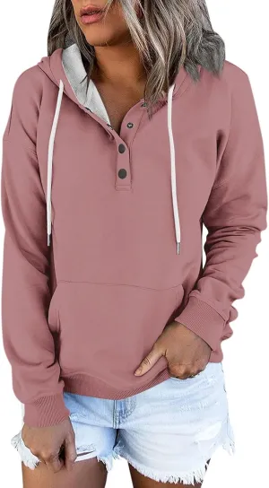 Oversized Hoodies for Women Button Down Drop Shoulder Drawstring Sweatshirt Ribbed Long Sleeve Tops with Pockets