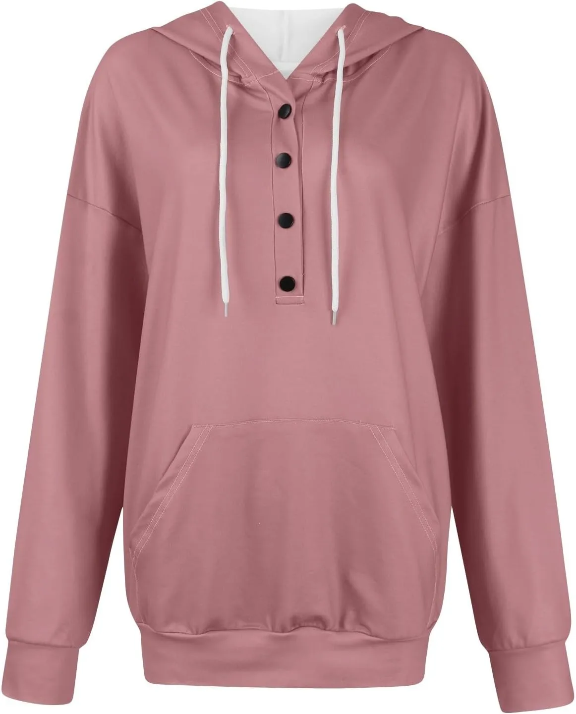 Oversized Hoodies for Women Button Down Drop Shoulder Drawstring Sweatshirt Ribbed Long Sleeve Tops with Pockets