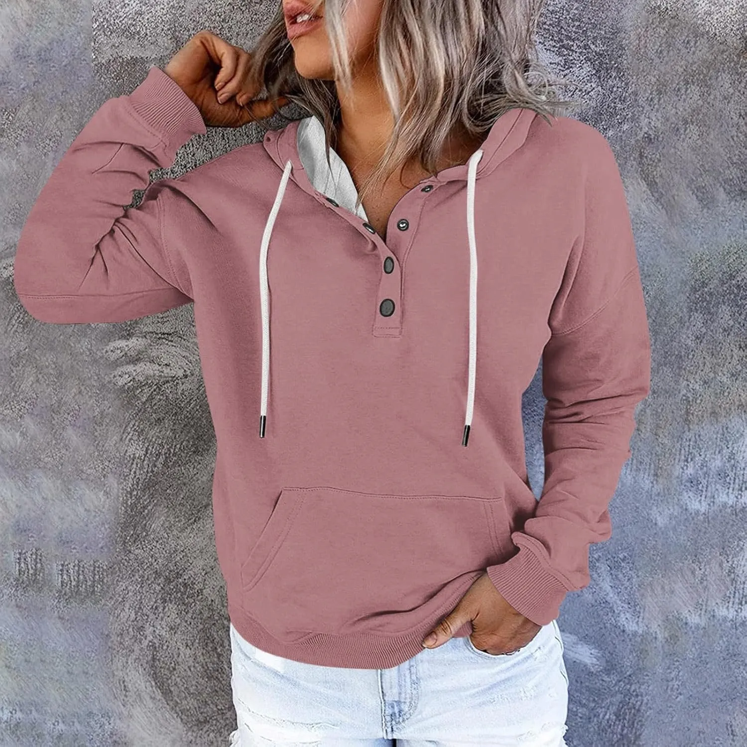 Oversized Hoodies for Women Button Down Drop Shoulder Drawstring Sweatshirt Ribbed Long Sleeve Tops with Pockets
