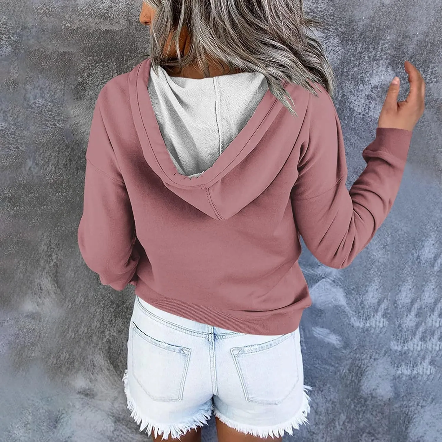 Oversized Hoodies for Women Button Down Drop Shoulder Drawstring Sweatshirt Ribbed Long Sleeve Tops with Pockets