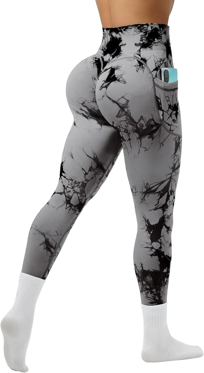 OVESPORT Tie Dye Seamless Leggings with Pockets for Women High Waisted Scrunch Butt Lifting Tummy Control Workout Gym