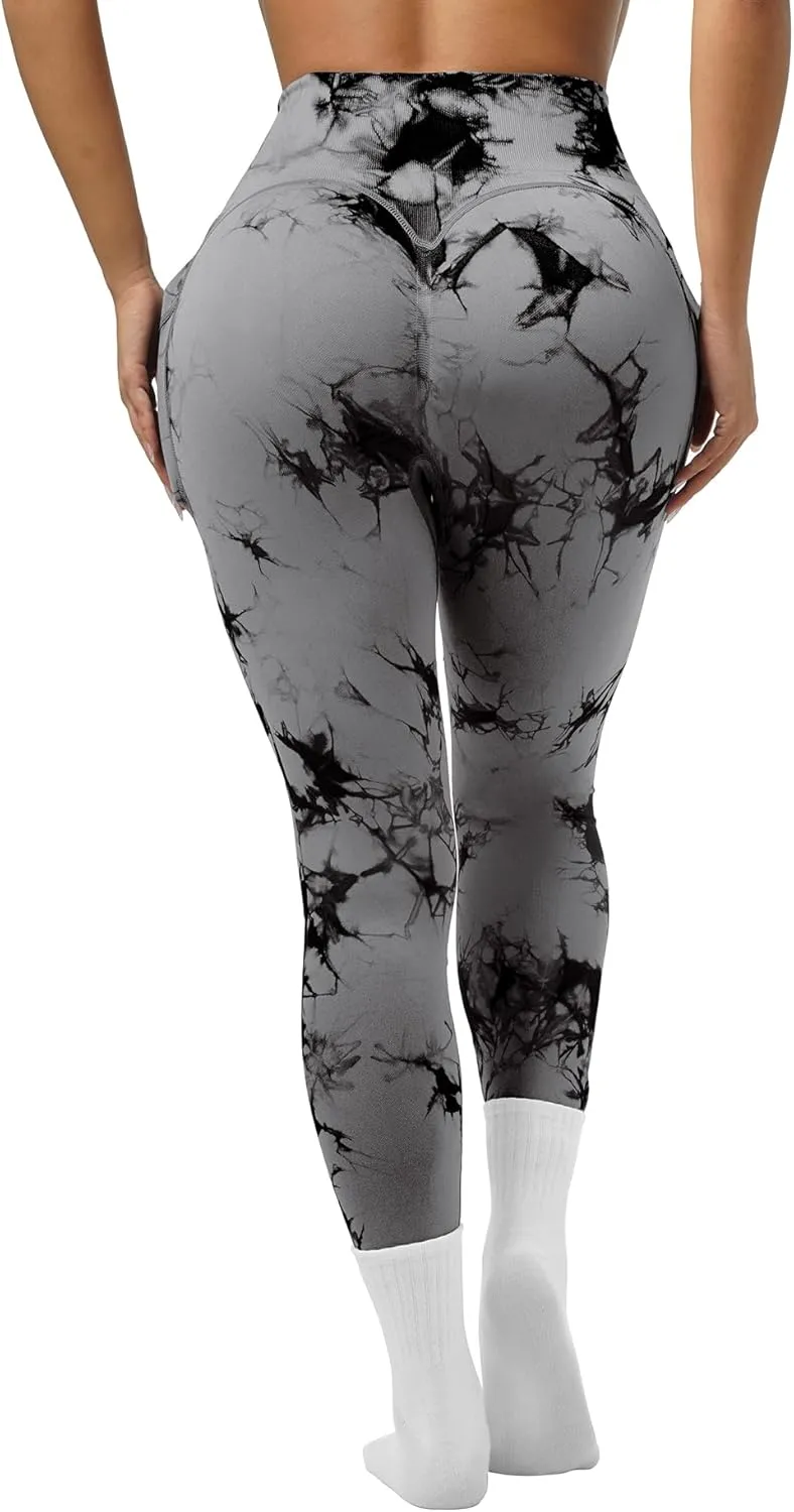 OVESPORT Tie Dye Seamless Leggings with Pockets for Women High Waisted Scrunch Butt Lifting Tummy Control Workout Gym